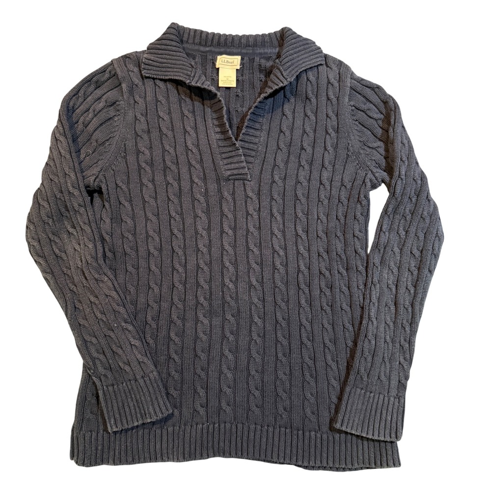 L.L. Bean Navy Blue Cable Knit Sweater Split Neck Polo Collar‎ Pullover